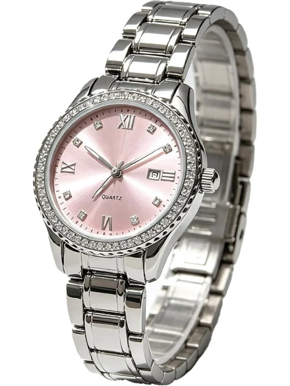Women's Silver Powder Stainless Steel Bracelet Rhinestone Bezel Analog Watches